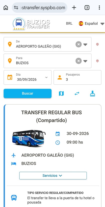 Motor de reservas PBO Transfers funcionando en celular